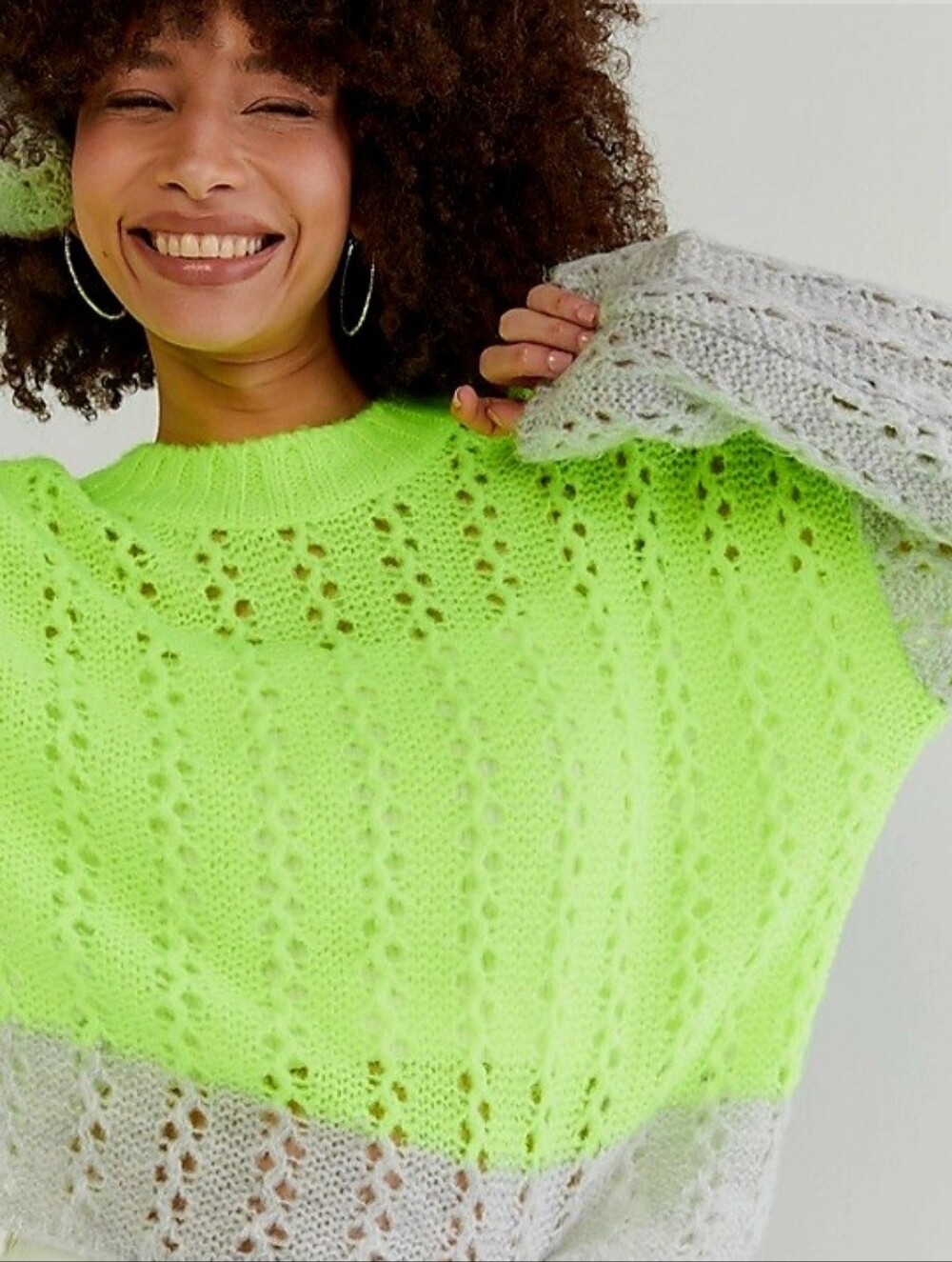 Francesca's Mi Ami Neon Green and Light Gray Open-Knit Sweater Size XS Nwot